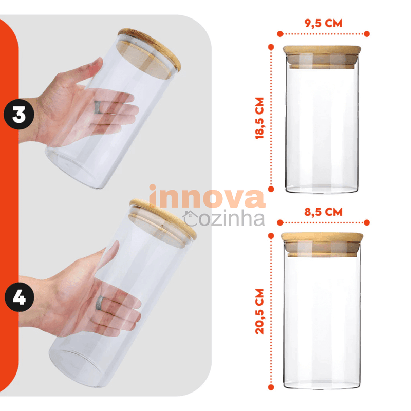 InnovaBamboo Fresh | Porta Mantimentos de Vidro Hermético com  Tampa de Bambu c/ 5 peças