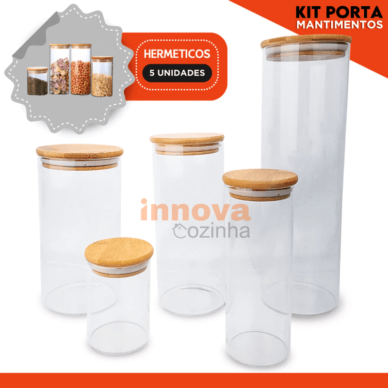 InnovaBamboo Fresh | Porta Mantimentos de Vidro Hermético com  Tampa de Bambu c/ 5 peças